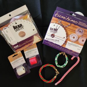 Picture of Kumihimo products and a candy cane, and two bracelets in Christmas colors.