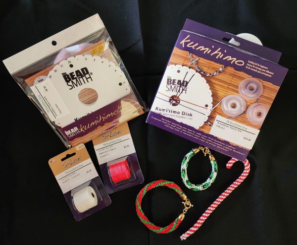 Picture of Kumihimo products and a candy cane, and two bracelets in Christmas colors.