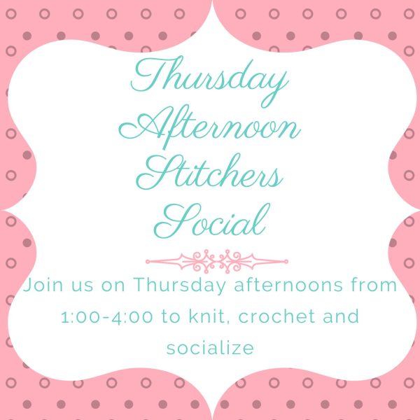 Invitation to the Thursday Stitchers Social at Sunshine Weaving and Fiber Arts.