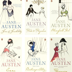 A picture of Jane Austen book covers.